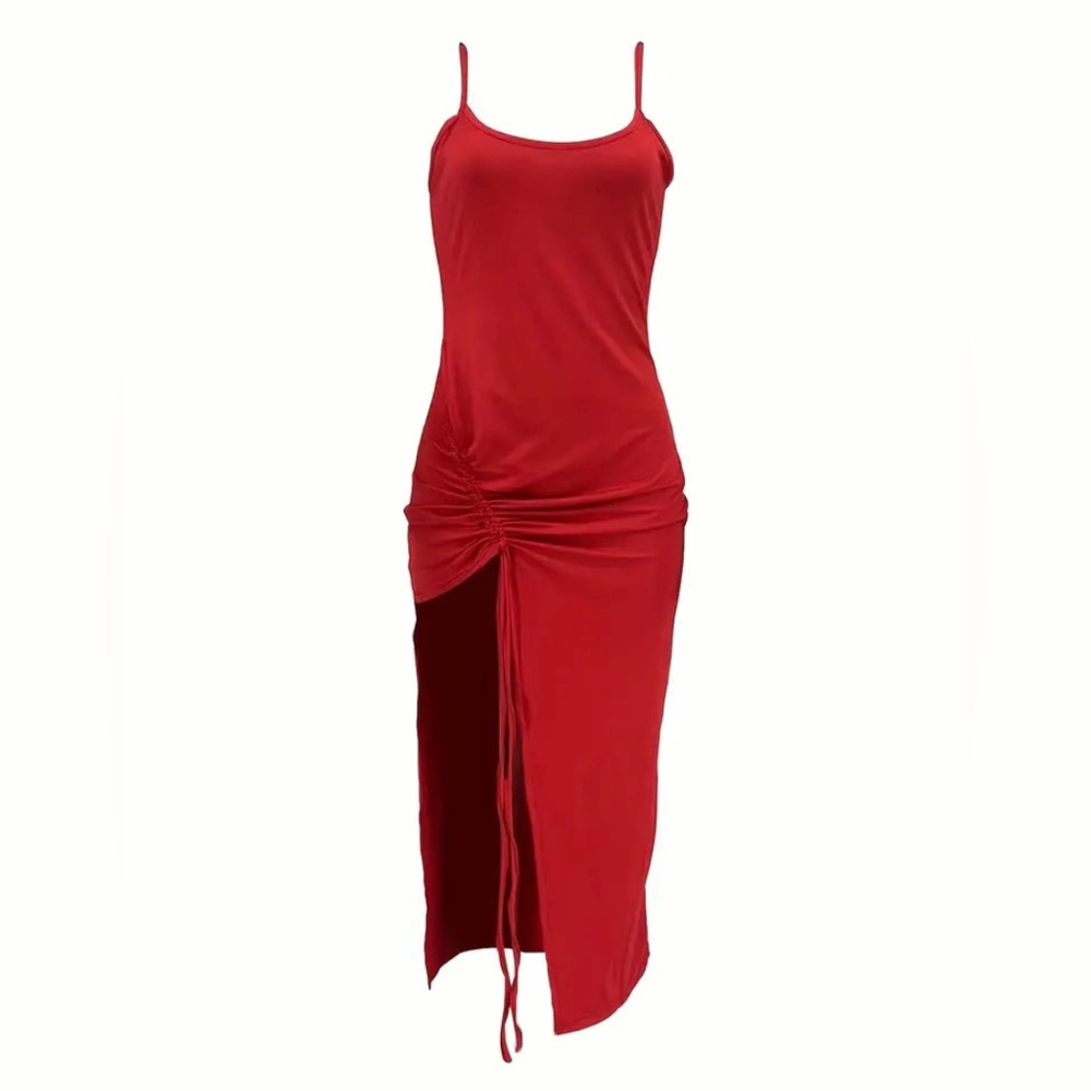 Spaghetti Strap Bodycon Dress With Ruched Leg Slit - Picture 2 of 3
